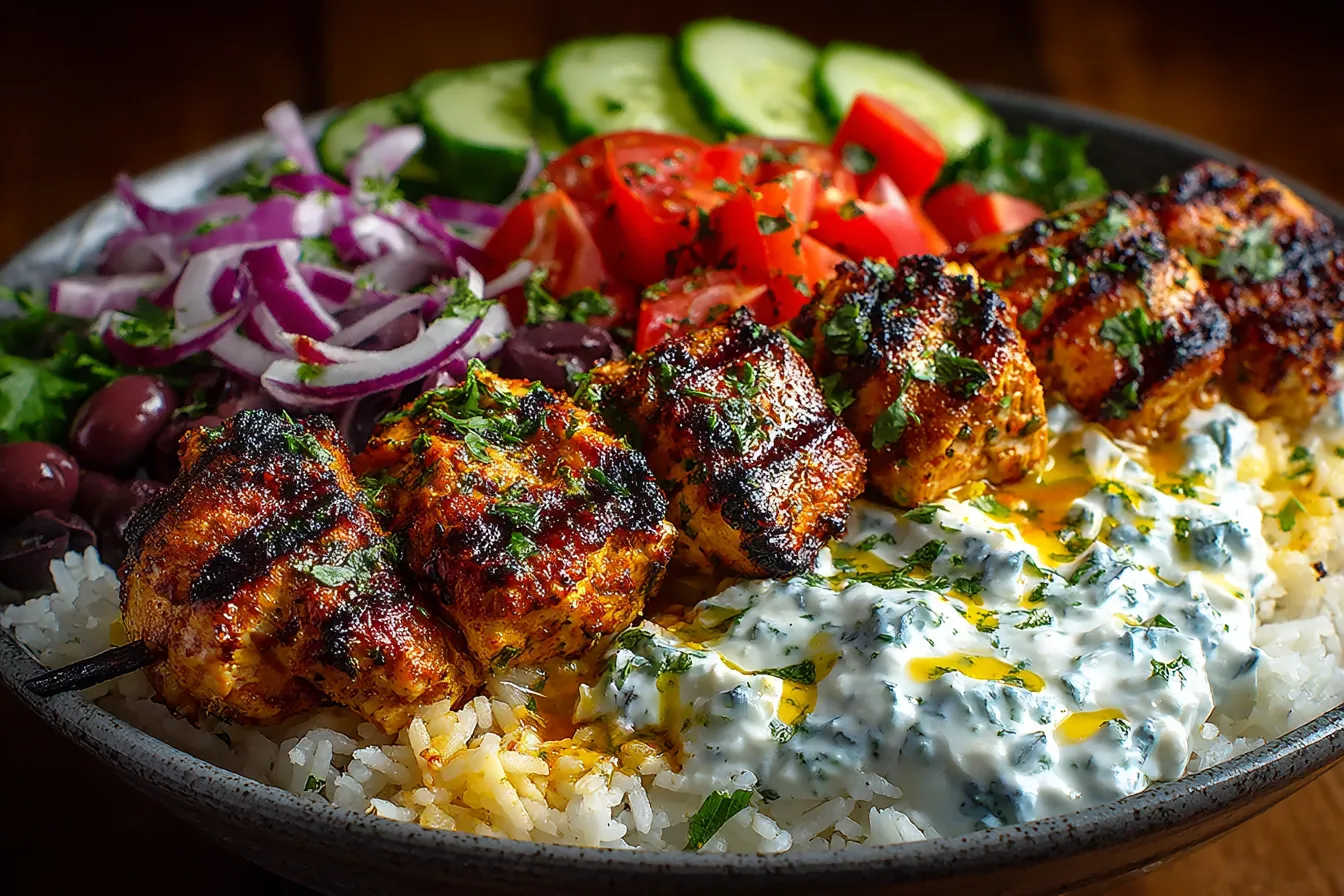 Greek chicken souvlaki bowls with fresh ingredients