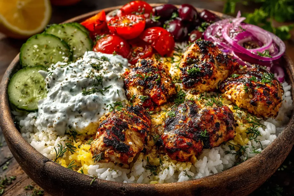 Greek Chicken Souvlaki Bowls: Fresh, Flavorful, and Easy to Make 8 Assembling Greek chicken souvlaki bowls