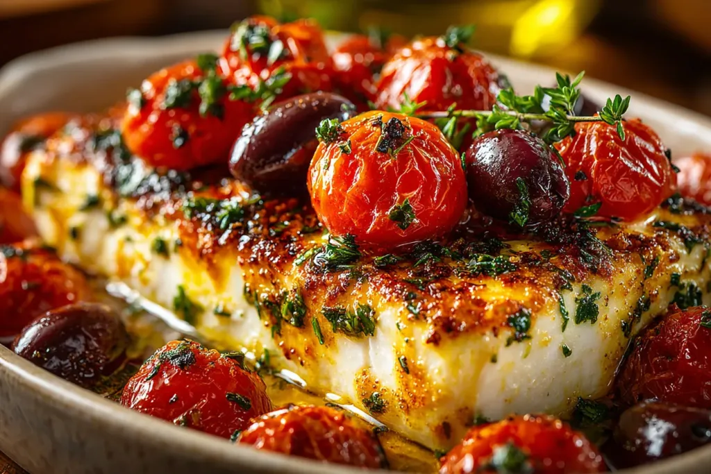 Mediterranean baked feta appetizer with tomatoes and olives