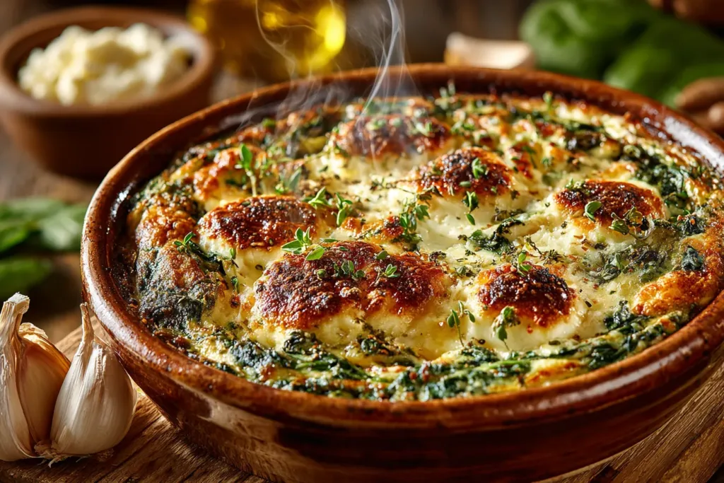 Freshly baked spinach feta roasted dish with golden top