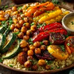 Colorful roasted veggie chickpea bowl with roasted vegetables