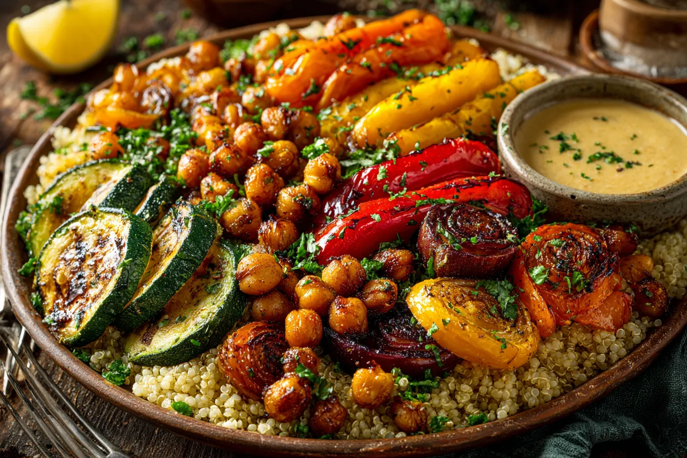 Colorful roasted veggie chickpea bowl with roasted vegetables