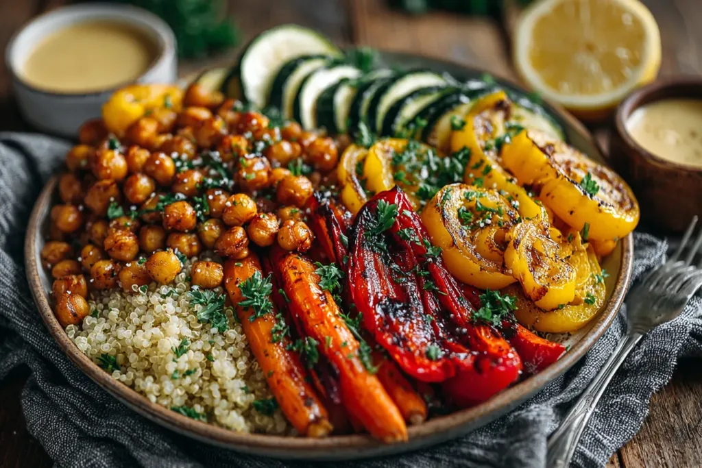 Ingredients for colorful roasted veggie chickpea bowl