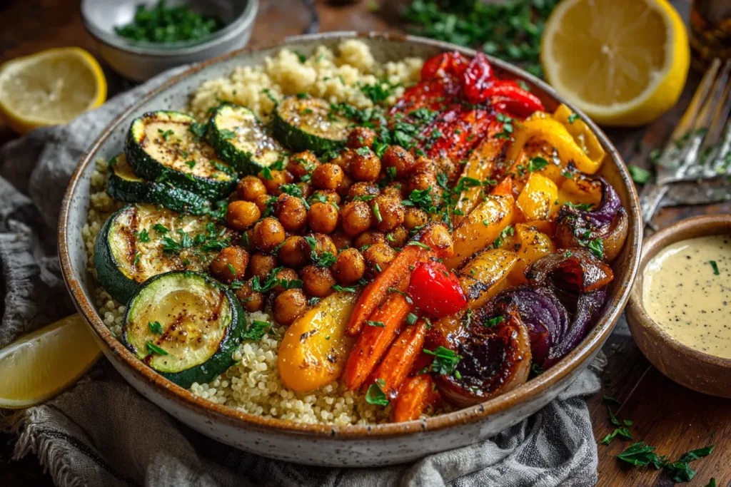Roasting vegetables and chickpeas for colorful bowl