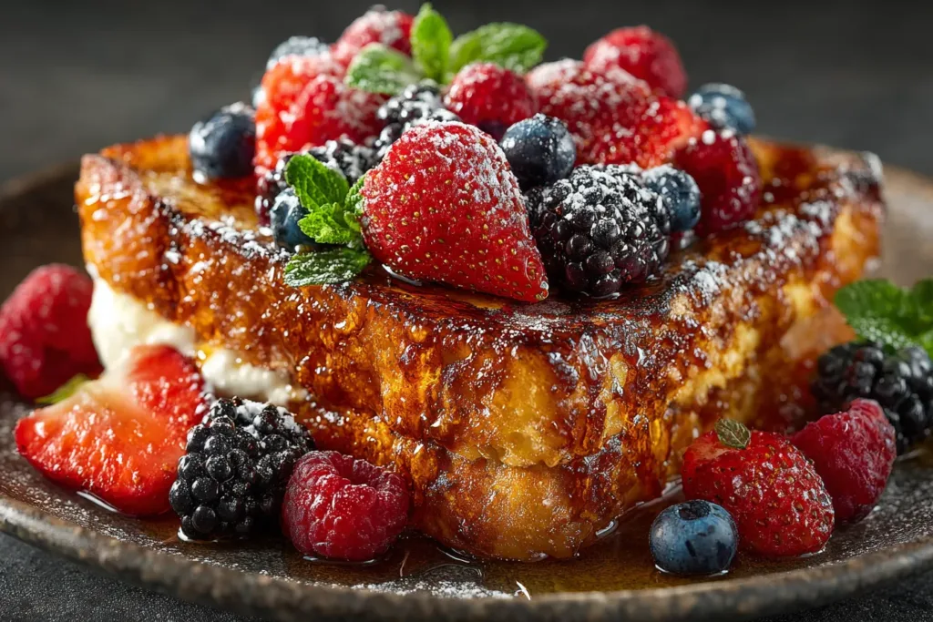 Stack of healthy French toast topped with berries and honey