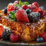 Stack of healthy French toast topped with berries and honey