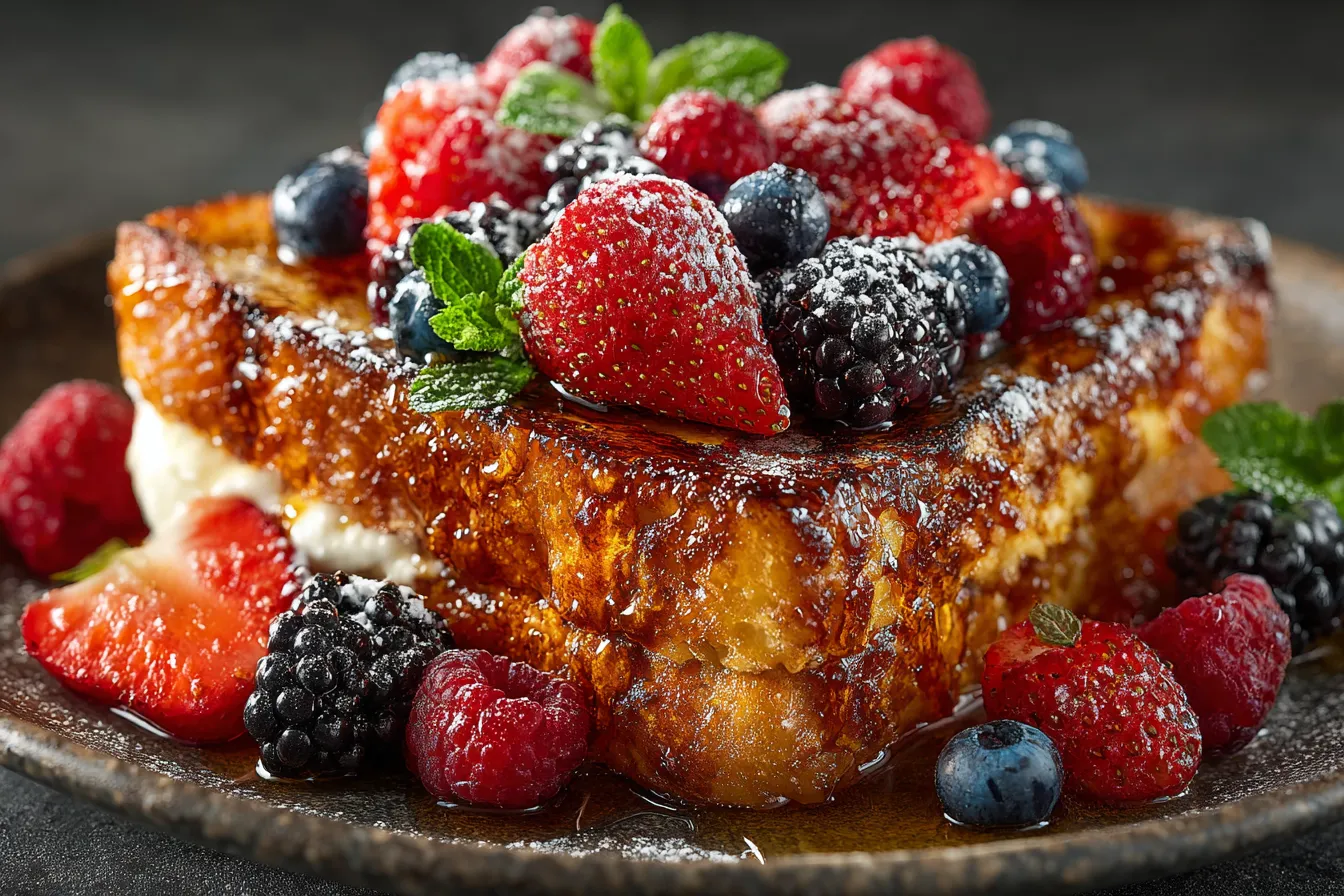 Stack of healthy French toast topped with berries and honey