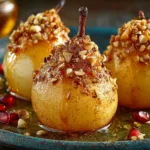 Golden baked pear dessert with honey and walnuts