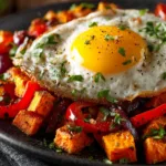 Sweet potato breakfast hash in skillet with eggs