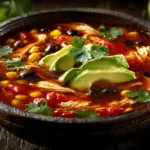 Bowl of savory southwest chicken soup with lime and tortilla strips