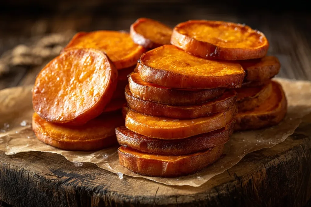 Delicious roasted sweet potato slices garnished with herbs