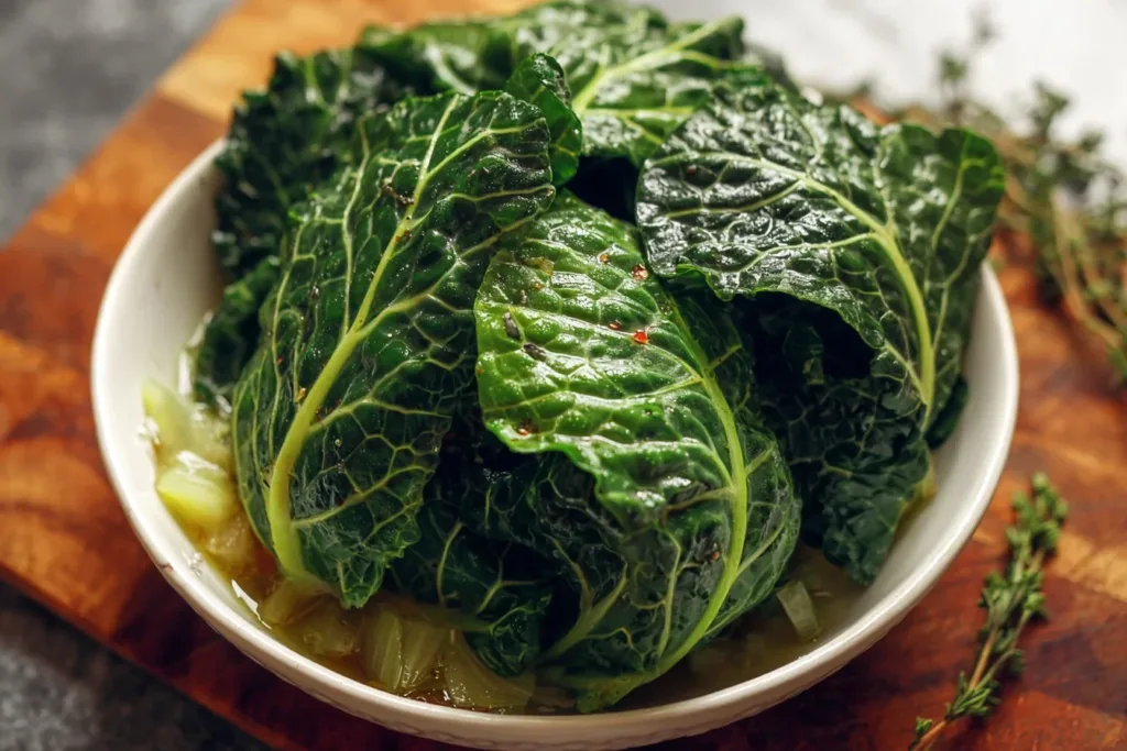 A vibrant bowl of instant collard greens garnished with lemon slices and red pepper flakes