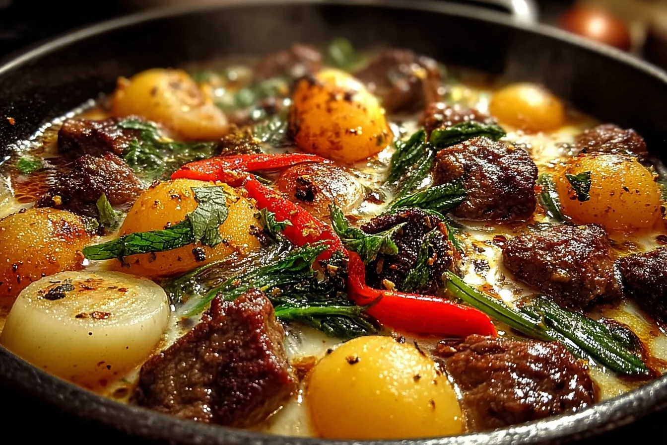 A bowl of hearty vegetable soup garnished with fresh herbs, showcasing vibrant colors and textures.