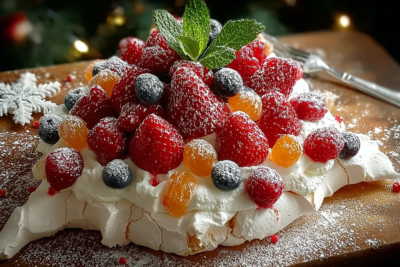 A beautifully arranged pavlova topped with fresh fruits and whipped cream