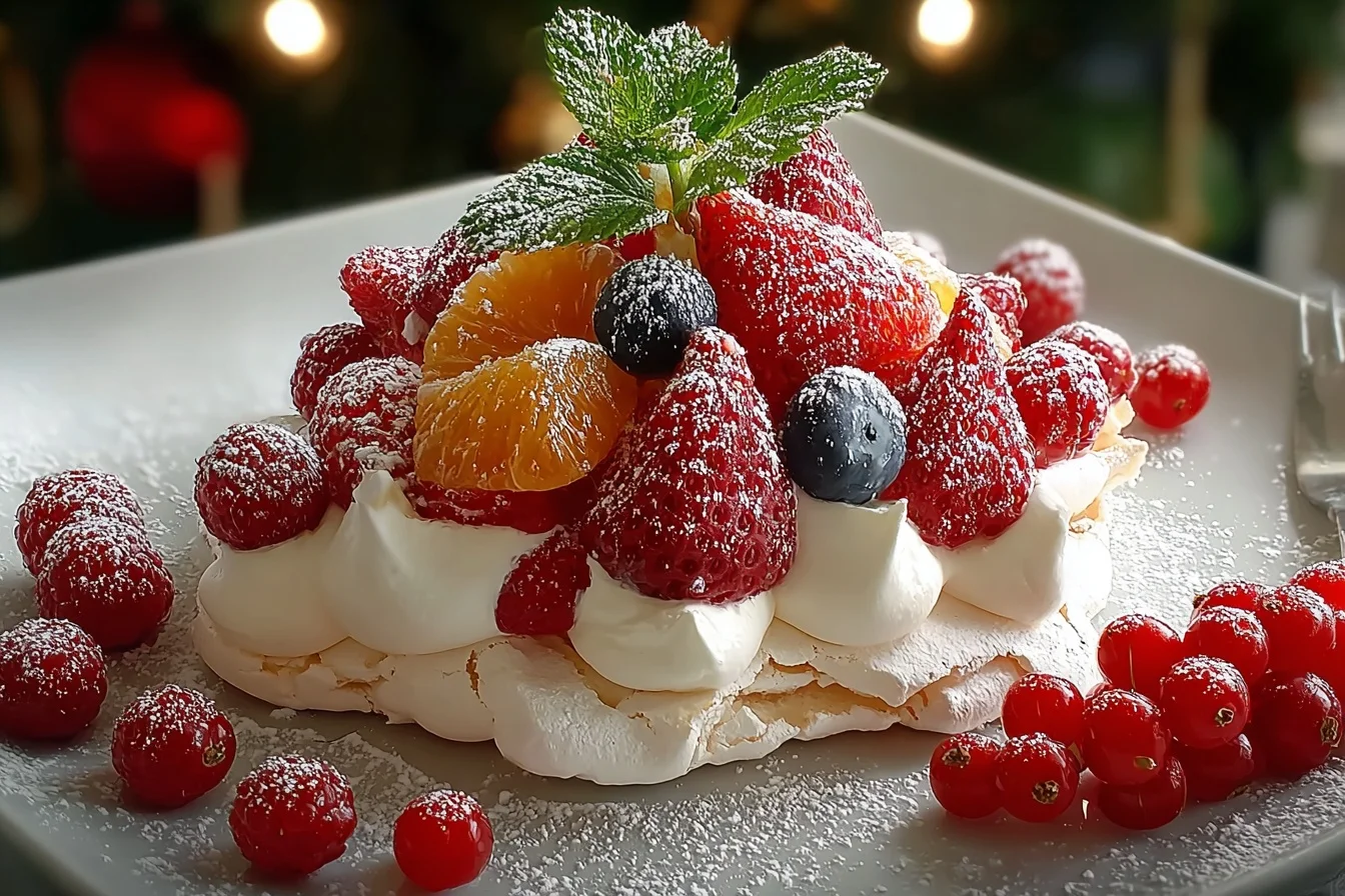 A beautifully presented delightful pavlova topped with fresh fruits and whipped cream