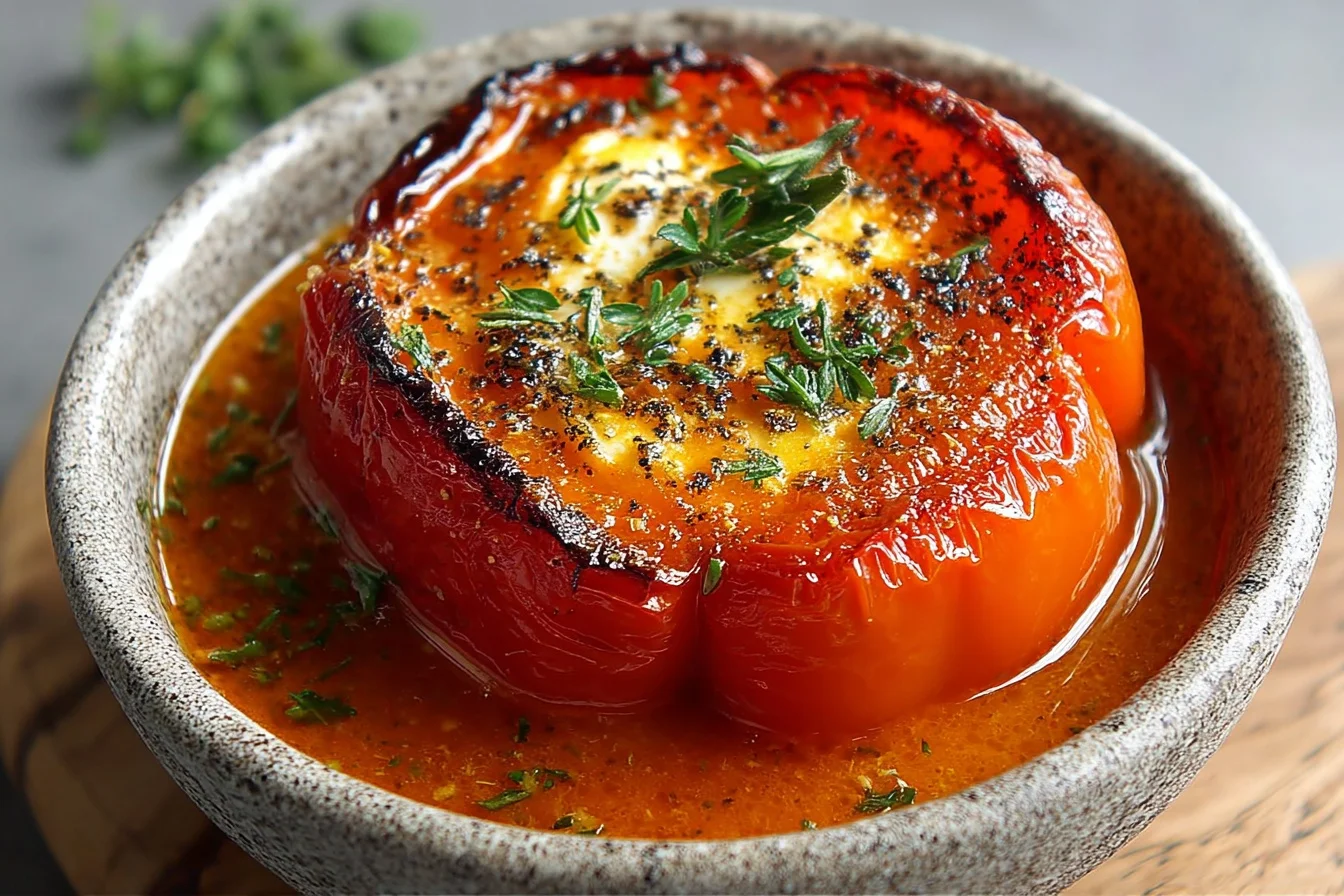 A vibrant plate of roasted red peppers garnished with fresh herbs, showcasing their charred skin and juicy interior, perfect for salads and dips.