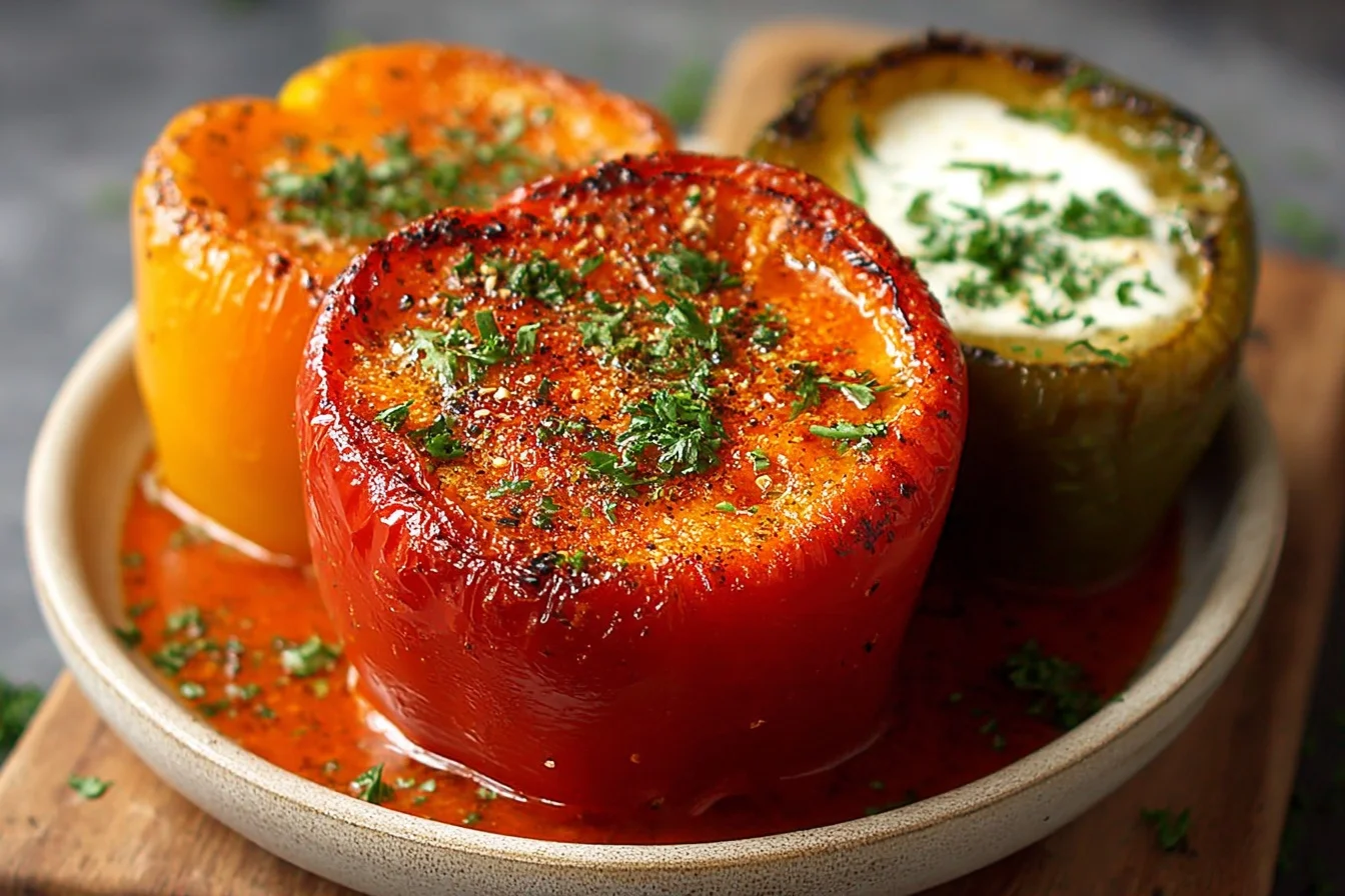 A vibrant plate of roasted red peppers garnished with herbs, showcasing the rich colors and textures of the dish.
