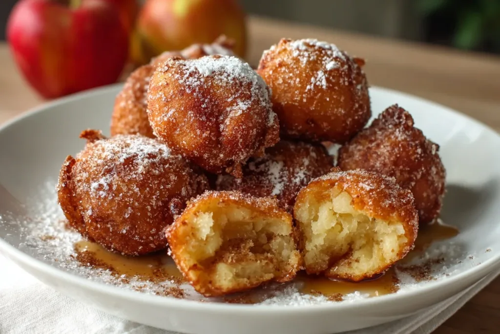Golden brown apple fritter bites dusted with powdered sugar on a white plate