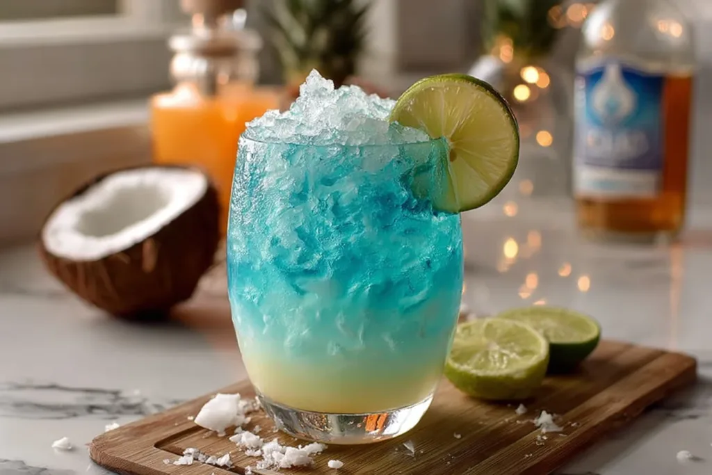 A refreshing Blue Lagoon Coconut Rum Cooler served in a tall glass with ice, garnished with a slice of lime and a cherry, set against a tropical background.