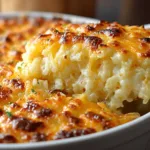 A golden-brown cheesy hash brown casserole topped with melted cheese and green onions in a baking dish.