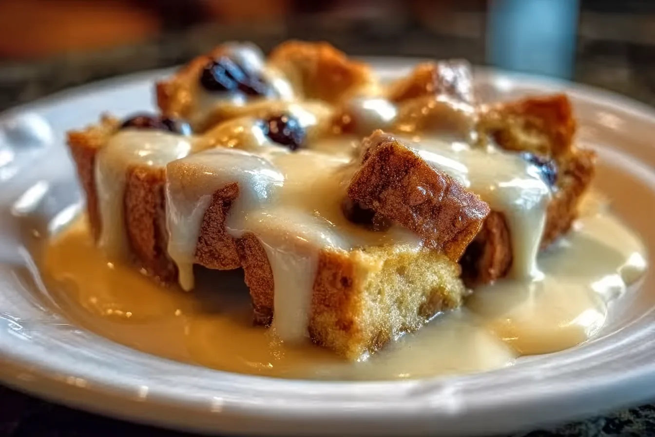 Classic Grandma’s Homemade Bread Pudding Served with Creamy Vanilla Sauce Delight 4 A delicious serving of classic homemade bread pudding topped with creamy vanilla sauce and garnished with a sprig of mint.