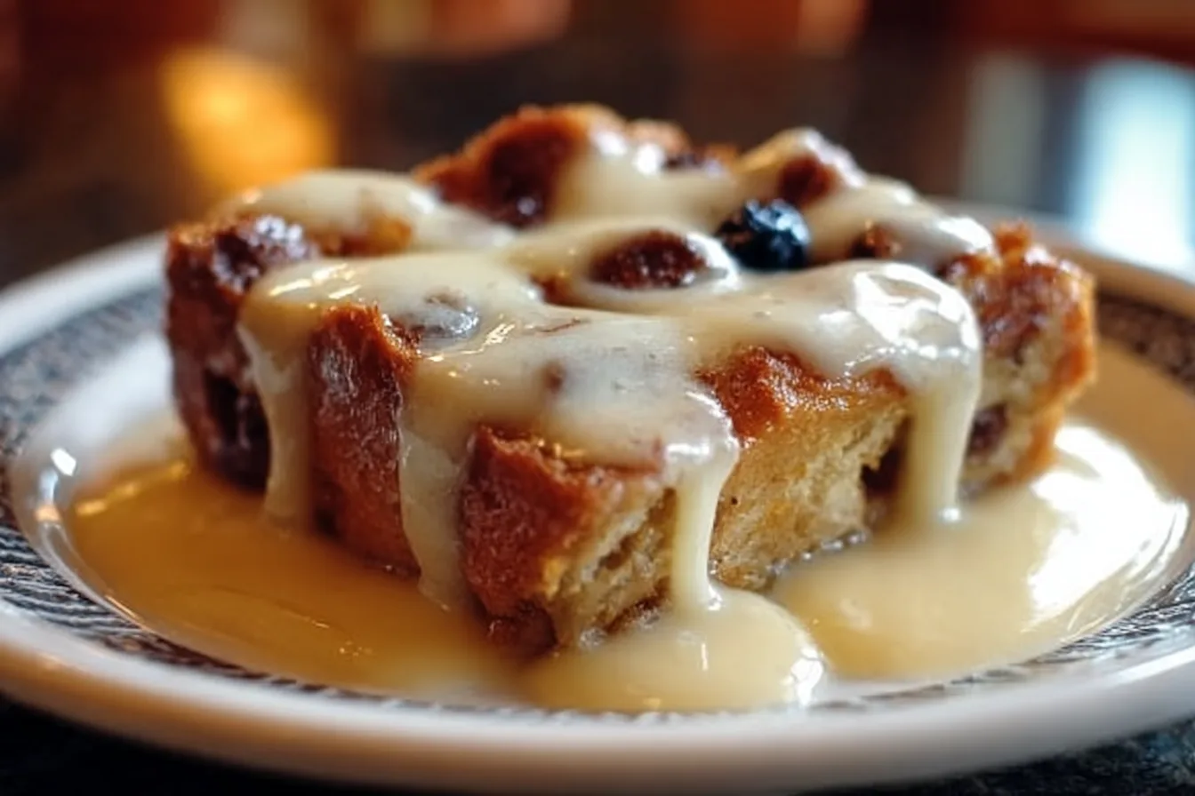 Classic Grandma’s Homemade Bread Pudding Served with Creamy Vanilla Sauce Delight 2 A warm serving of classic grandma's homemade bread pudding topped with creamy vanilla sauce and a sprinkle of cinnamon