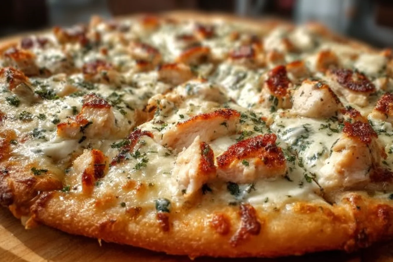 A delicious slice of creamy white chicken pizza topped with fresh herbs and melted cheese on a wooden cutting board.