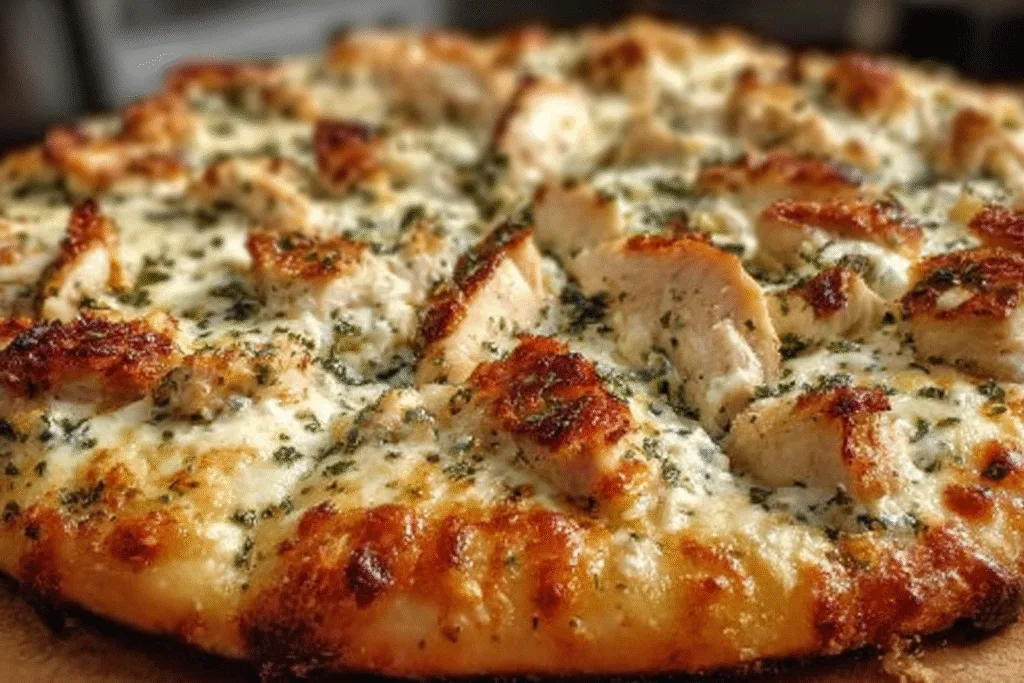 A delicious creamy white chicken pizza topped with fresh herbs and melted cheese