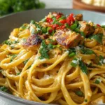 A bowl of Easy Cowboy Butter Chicken Linguine topped with fresh parsley and grated parmesan cheese