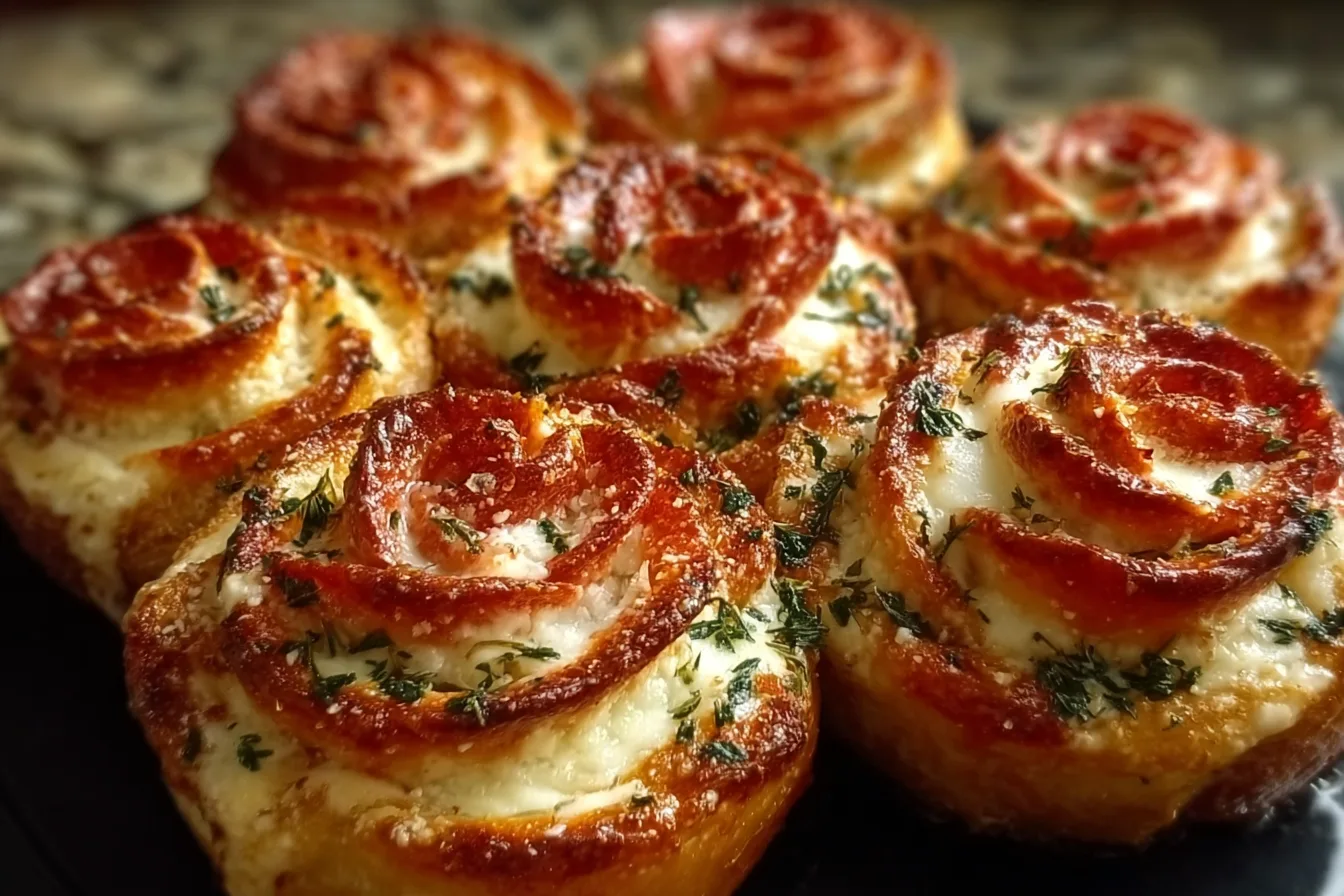 A plate of beautifully arranged Easy Pizza Roses, garnished with fresh basil and melted cheese.