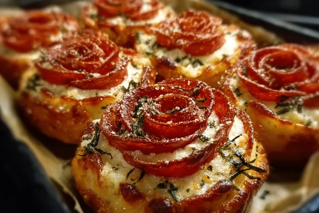 A close-up of beautifully arranged Easy Pizza Roses, topped with melted cheese and fresh basil on a wooden cutting board.