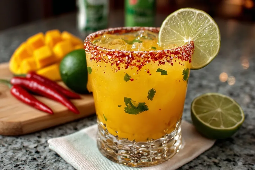 A vibrant pitcher of Mango Chili Margarita Fiesta Punch surrounded by fresh mango slices, chili peppers, and ice cubes