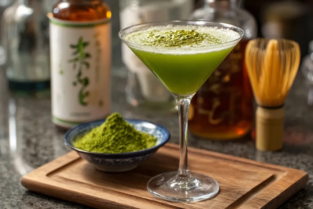 A vibrant green Matcha Martini Green Tea Cocktail served in a sleek martini glass with a slice of lime