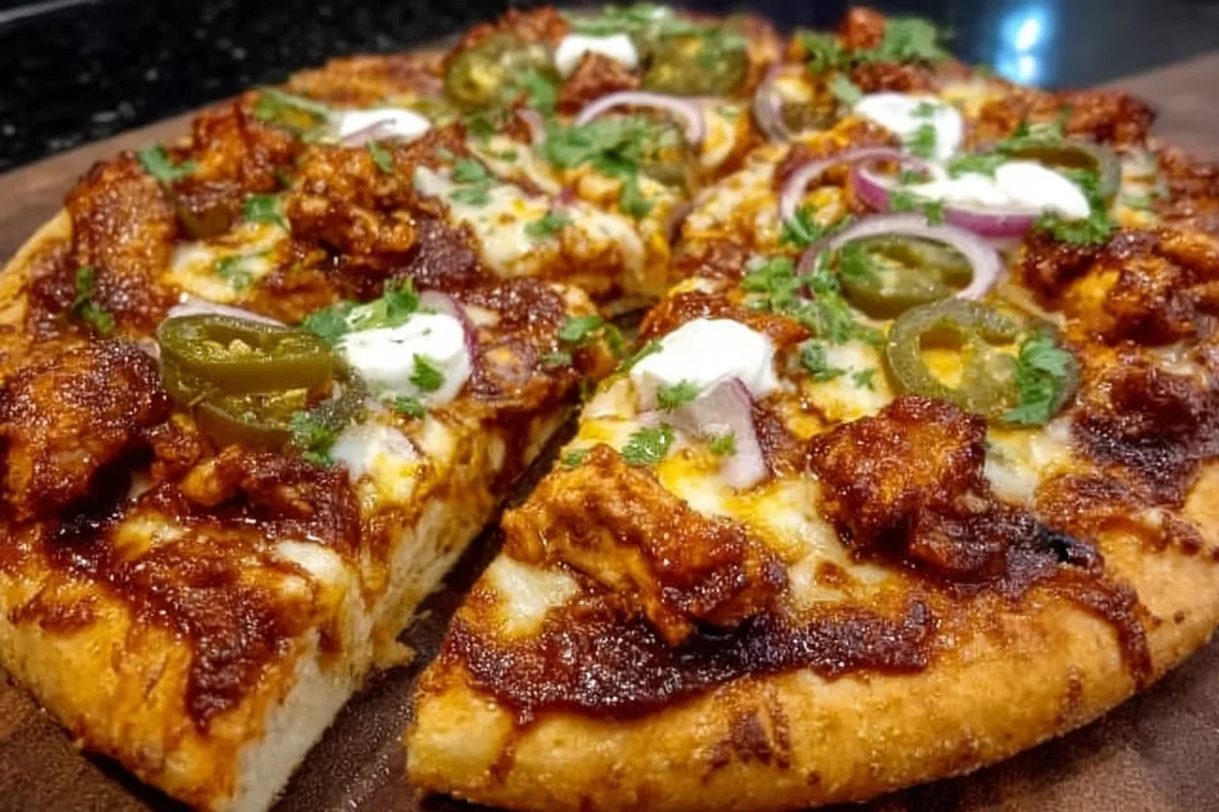Nashville Hot Chicken Pizza: An Incredible Ultimate Recipe for Spice Lovers 2 A delicious slice of Nashville Hot Chicken Pizza topped with spicy chicken, pickles, and drizzled with ranch dressing, served on a wooden cutting board.