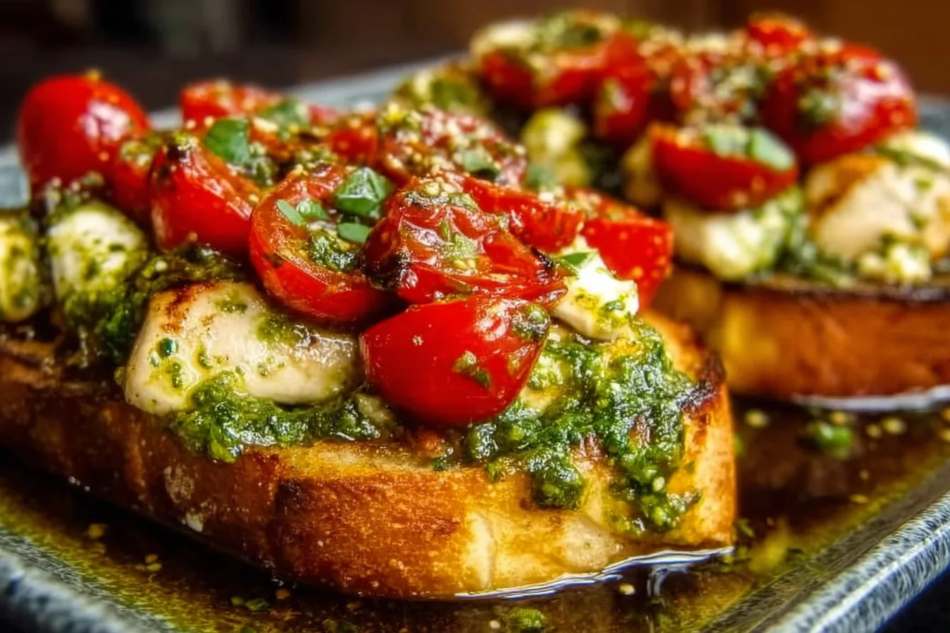 A beautifully plated Pesto Bruschetta Chicken topped with fresh basil and cherry tomatoes