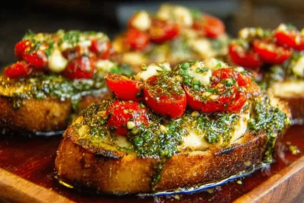 A plate of Pesto Bruschetta Chicken garnished with fresh basil and tomatoes