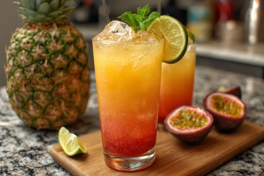 A vibrant glass of Pineapple Passionfruit Tequila Sunrise Punch garnished with fresh pineapple slices and a colorful straw