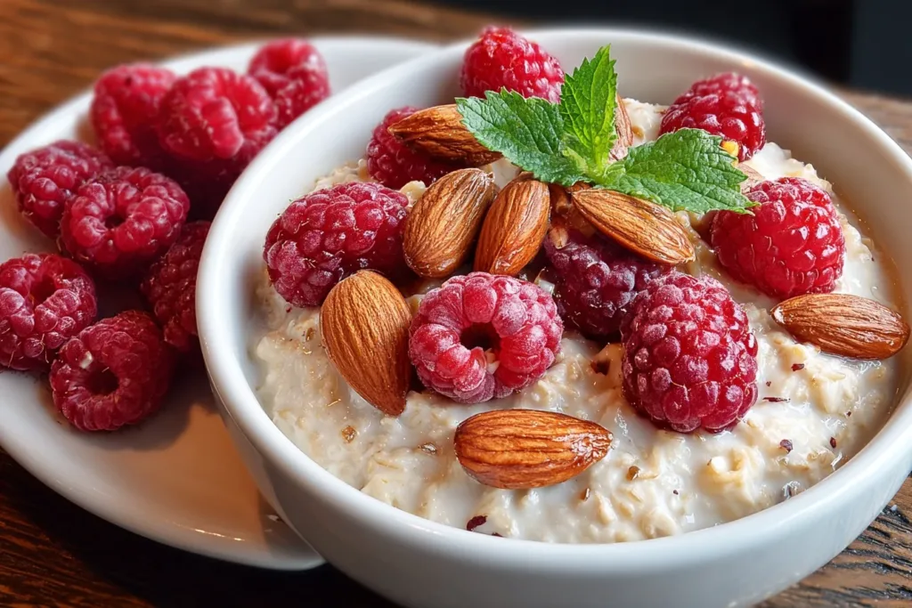 A bowl of raspberry almond oatmeal topped with fresh raspberries and sliced almonds, set on a wooden table.
