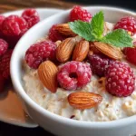 A bowl of raspberry almond oatmeal topped with fresh raspberries and sliced almonds, set on a wooden table.
