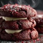 A plate of freshly baked red velvet cookies with cream cheese frosting on top, garnished with chocolate shavings.