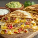 Golden brown smashburger quesadillas filled with melted cheese and ground beef, garnished with fresh cilantro