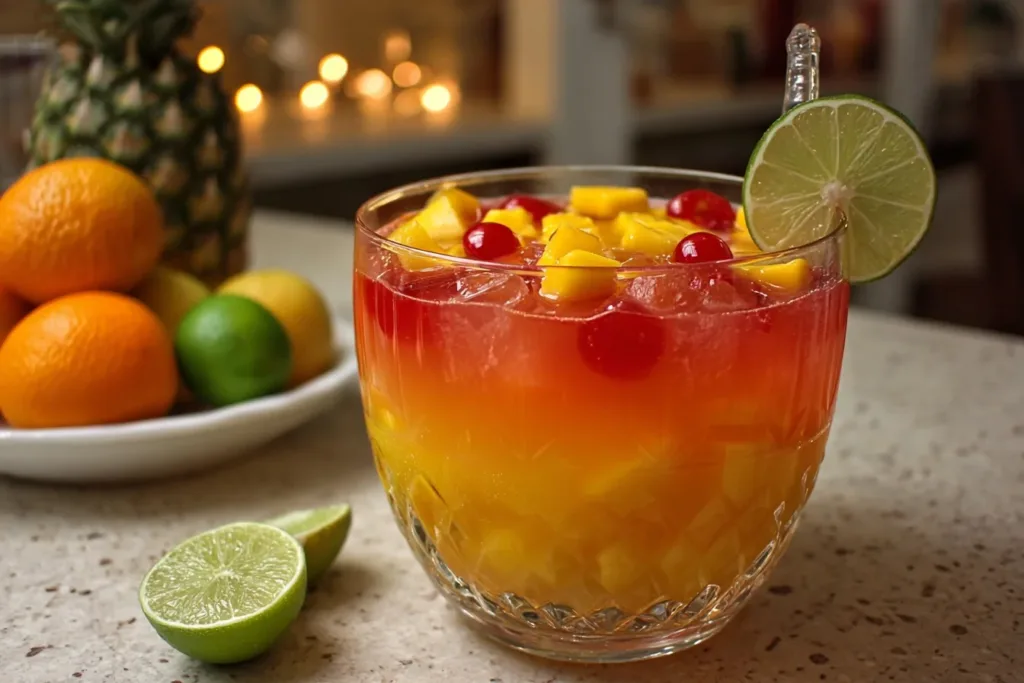 A vibrant punch bowl filled with Tropical Sunset Mango Rum Punch, garnished with fresh fruit slices and colorful straws.
