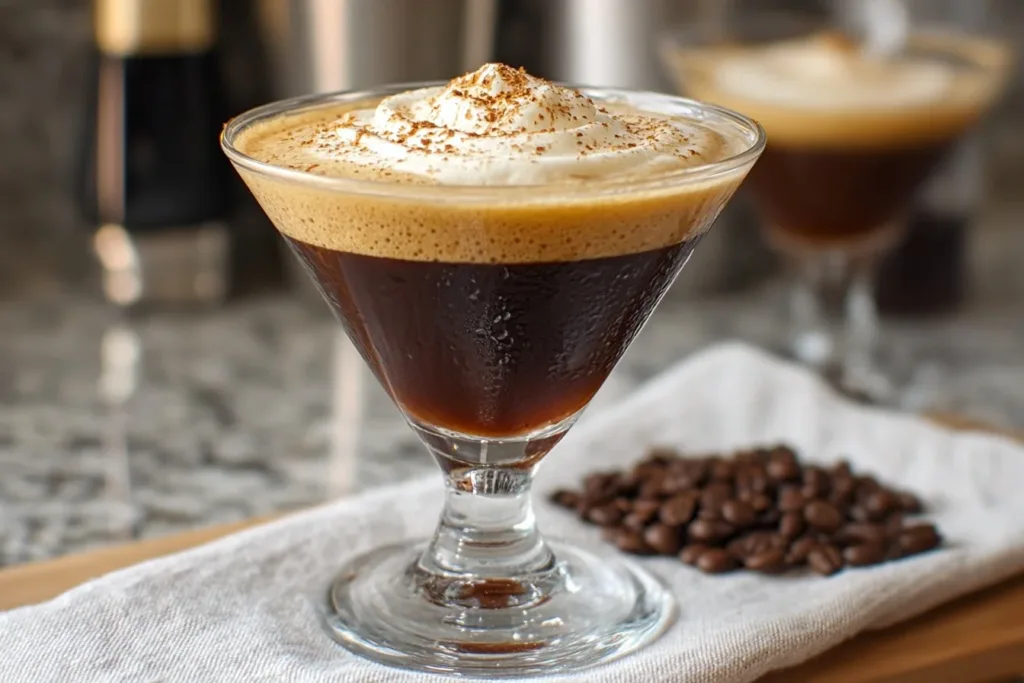 A refreshing Vanilla Bean Velvet Espresso Martini Mocktail in a stylish glass, topped with coffee beans and a vanilla pod.