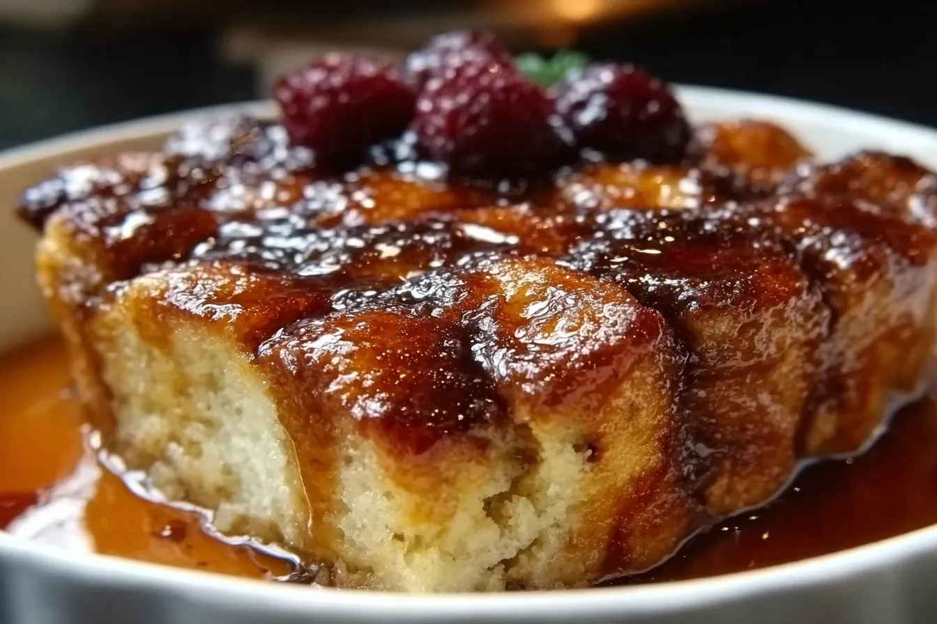 Warm Caramel Bread Pudding: An Incredible Ultimate Recipe 4 A warm bowl of caramel bread pudding topped with a drizzle of caramel sauce and a sprinkle of powdered sugar.