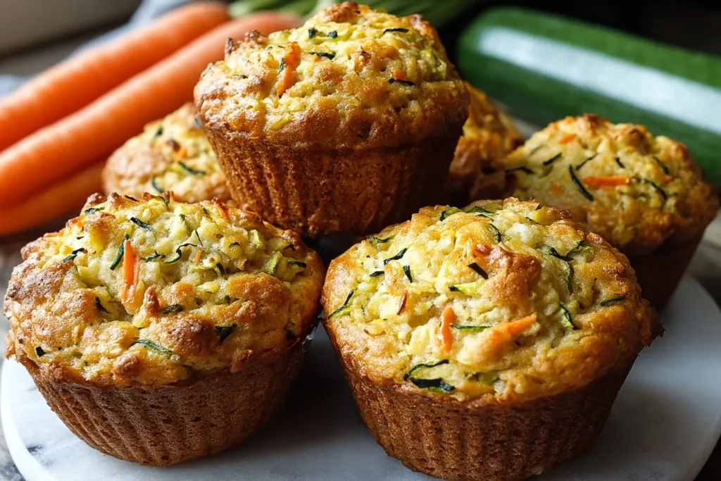 Golden brown zucchini and carrot breakfast muffins arranged on a white plate with a sprinkle of oats on top