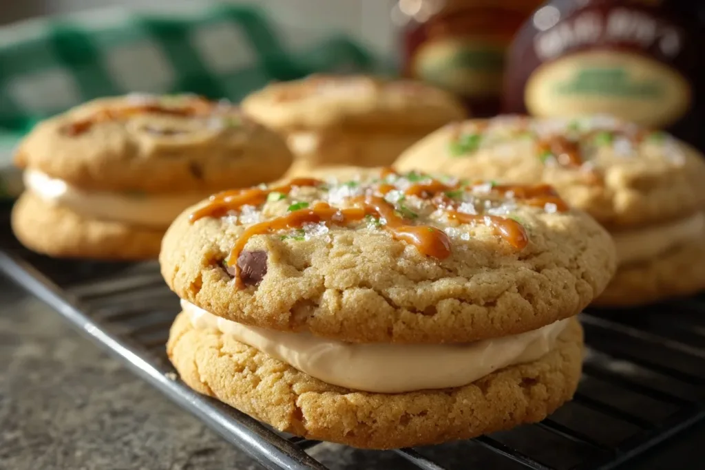 A plate of freshly baked Baileys Irish Cream cookies topped with chocolate chips and a drizzle of chocolate glaze