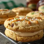 A plate of freshly baked Baileys Irish Cream cookies topped with chocolate chips and a drizzle of chocolate glaze
