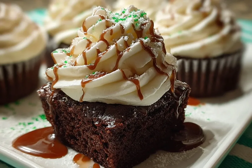 Delicious Baileys St. Patrick's Day cupcakes topped with green frosting and sprinkles