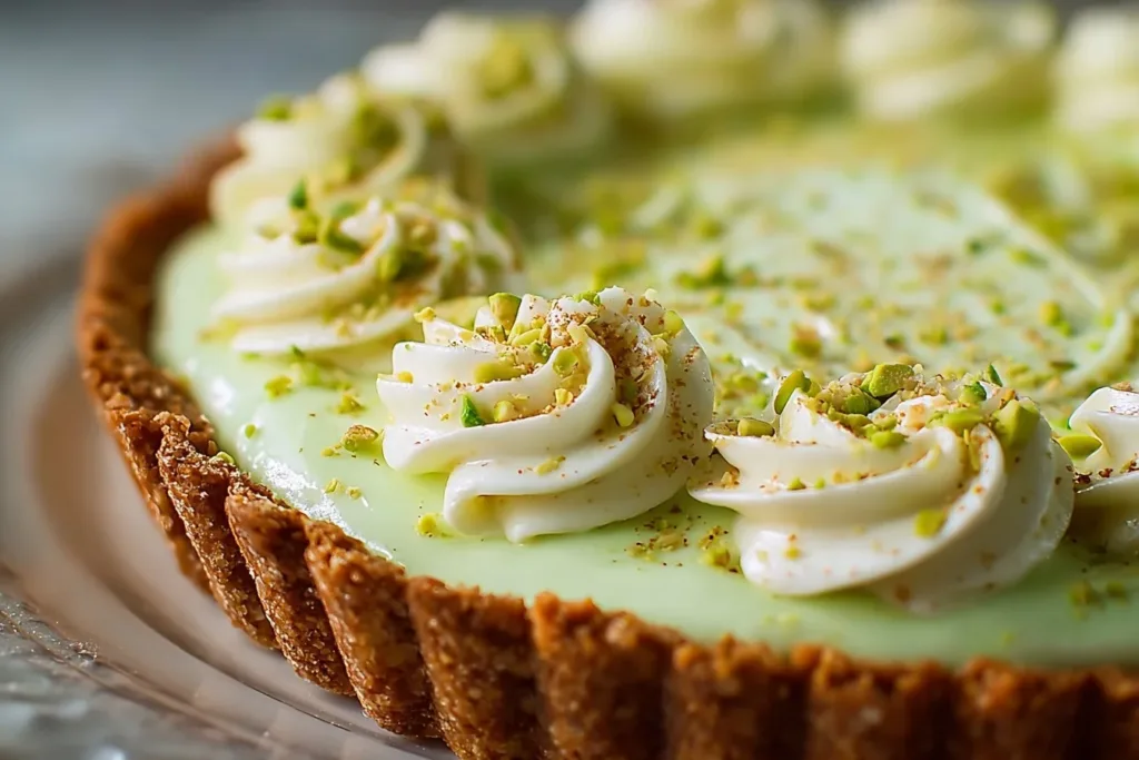 A beautifully baked pistachio cream pie topped with whipped cream and crushed pistachios on a rustic wooden table