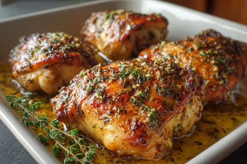 Golden-brown baked dijon chicken thighs garnished with fresh herbs on a white plate
